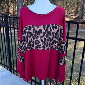 Umgee Red and Leopard Print Top Wide Sleeves-Oversized